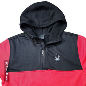 Spyder Men's M Fleece Lined 1/4 Zip Pullover Hoodie Jacket Logo Red‎ Black